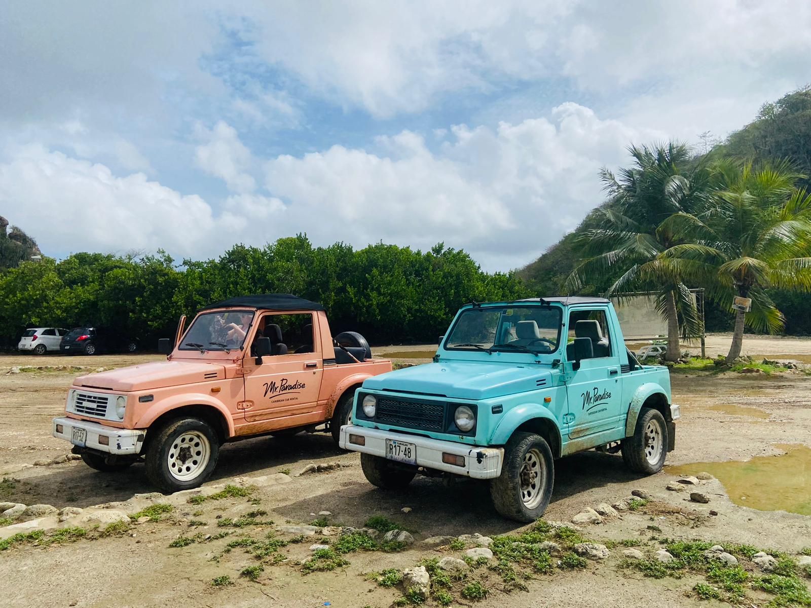 Two colorful Suzuki Samurai jeeps, one pink and one blue, parked on a beach.