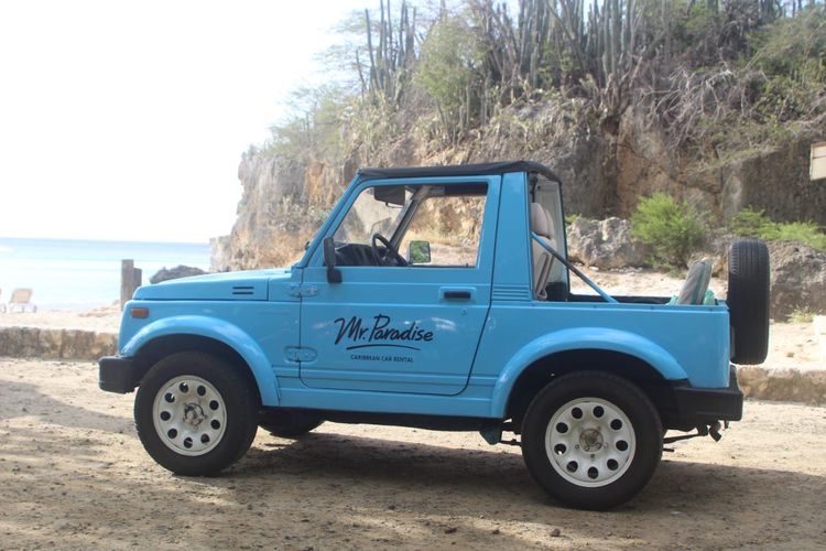 Light blue jeep parked on a dirt path next to a beach with ocean and cacti.