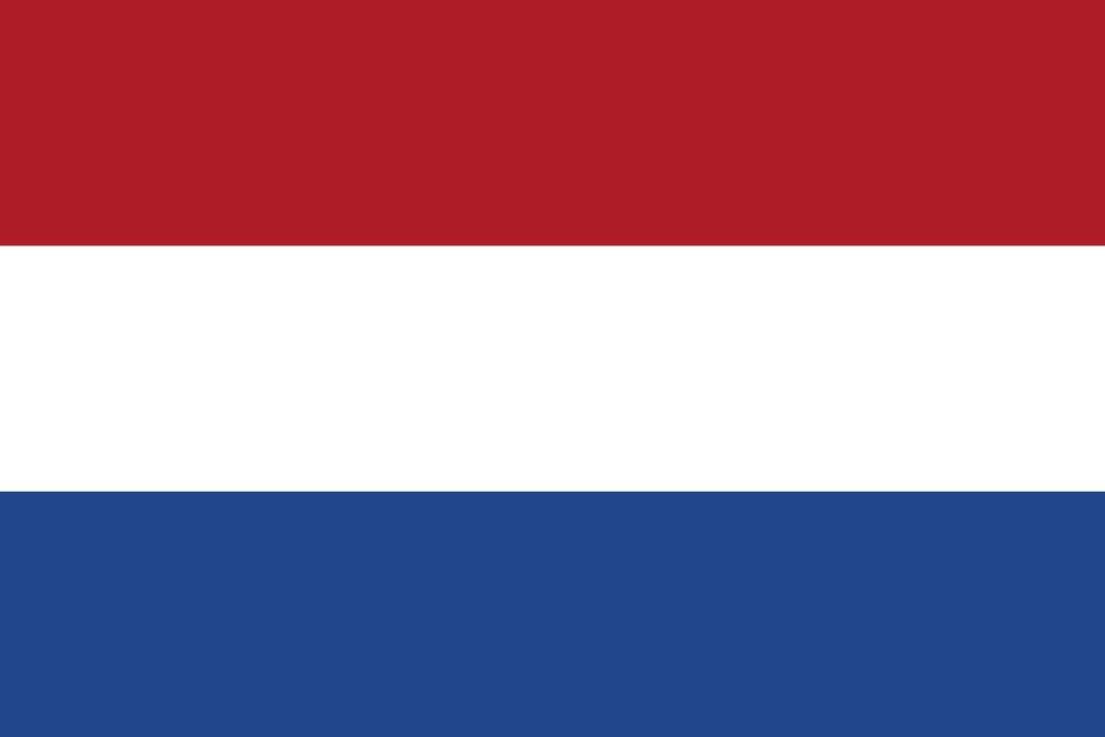 Horizontal striped flag of the Netherlands with red, white, and blue bands.
